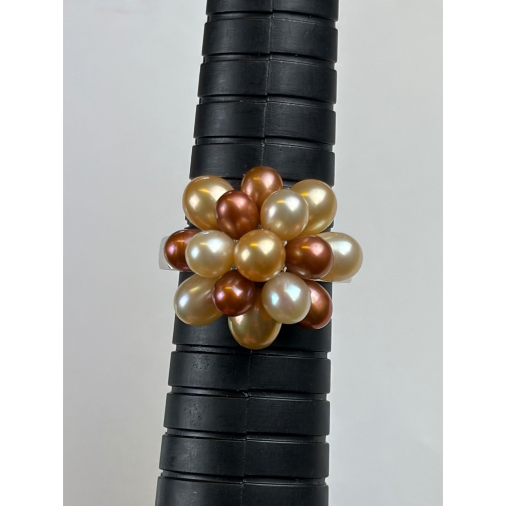CGI Pearl Cluster Ring Size 8.5 Silver Bronze Cream Brown Floral 925 Autumn Fall